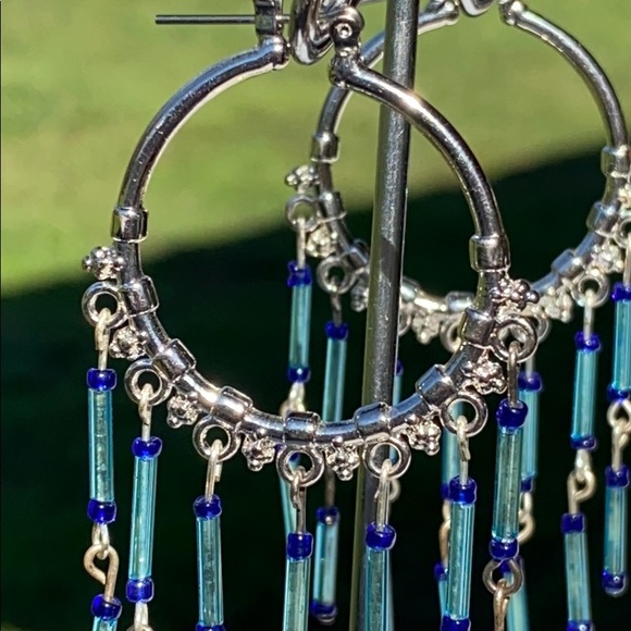 Handmade Silver and Blue Hoop Earrings - Picture 3 of 4